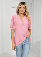 Women's knitted casual V-neck puff sleeve loose T-shirt - ElegantAlpha®