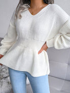 Women's Lantern Sleeve Hem Ruffle Sweater - ElegantAlpha®