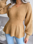 Women's Lantern Sleeve Hem Ruffle Sweater - ElegantAlpha®