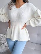 Women's Lantern Sleeve Hem Ruffle Sweater - ElegantAlpha®