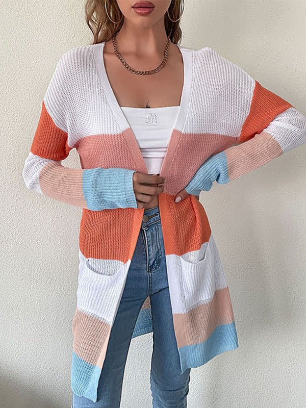 Women's Lightweight Ribbed Block Striped Cardigan With Front Pockets And Long Sleeves - ElegantAlpha®