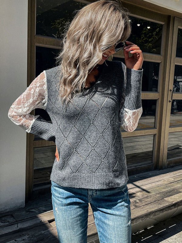 Women's long - sleeved lace stitching sweater - ElegantAlpha