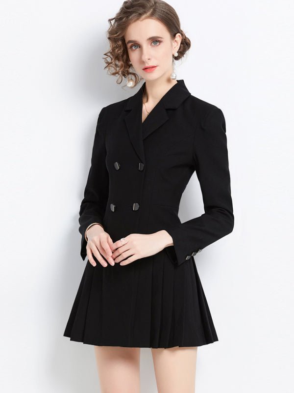 Women's long-sleeved suit collar double-breasted jacket dress - ElegantAlpha®