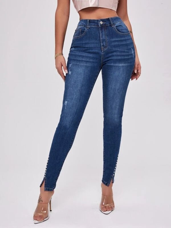 Women's Slit Bead Trim High Waist Jeans - ElegantAlpha®