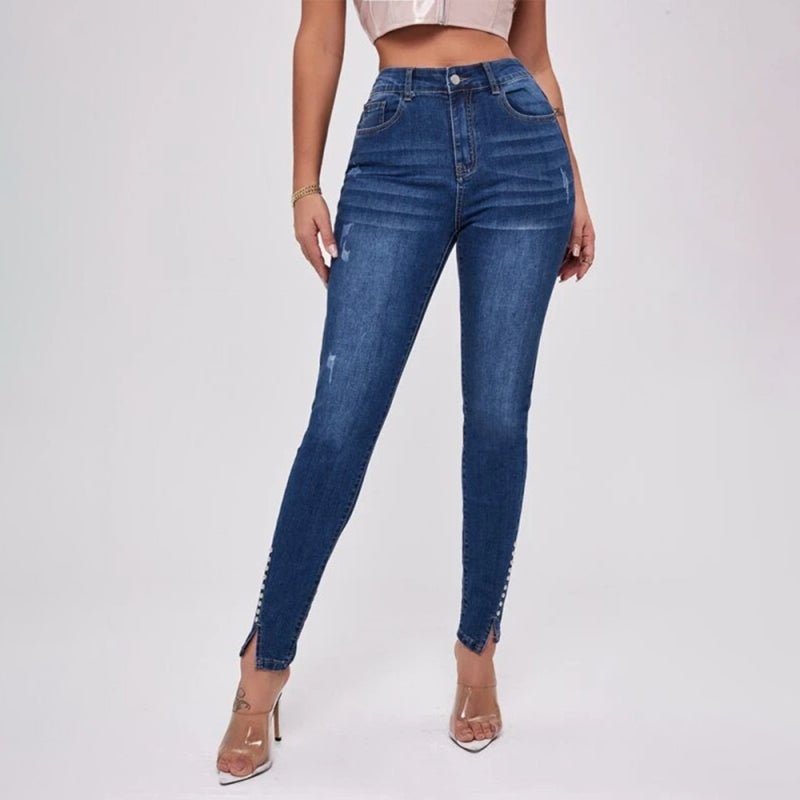 Women's Slit Bead Trim High Waist Jeans - ElegantAlpha®