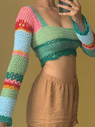 Women's Striped color handmade crocheted long-sleeved top - ElegantAlpha®